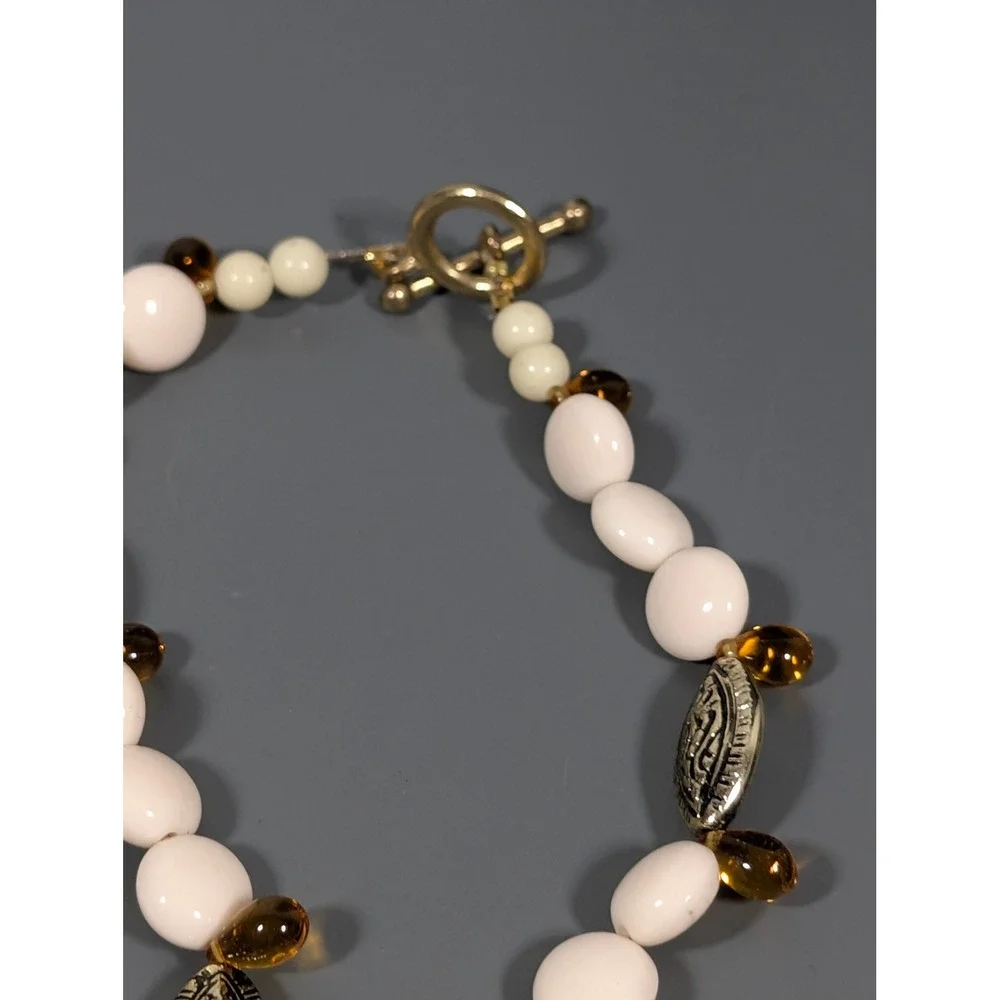 Amber Glass Briolette Bead Necklace Cream Beads Toggle Clasp 20